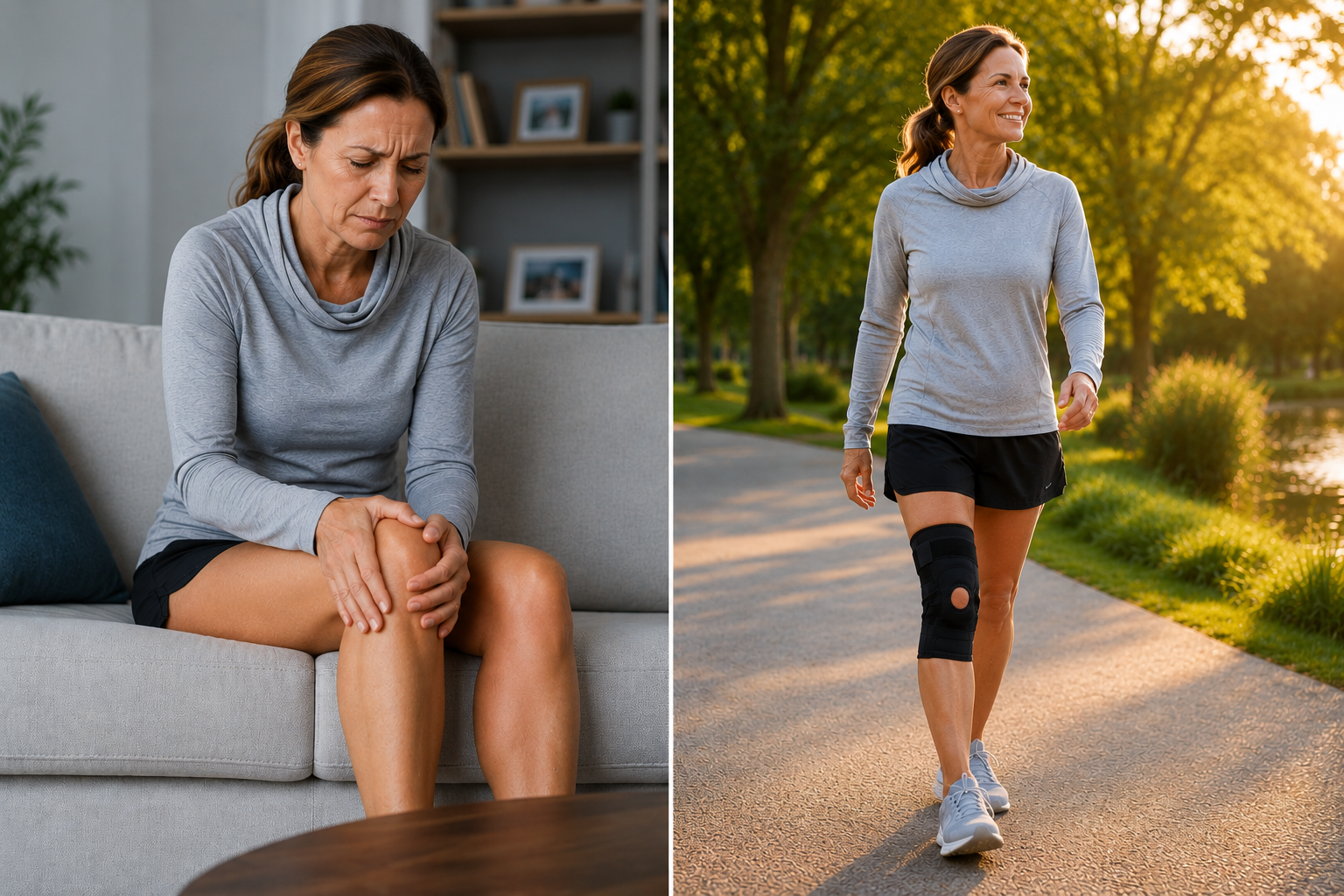 Voor en na Movea: links zonder brace, rechts met Movea kniebrace actief buiten